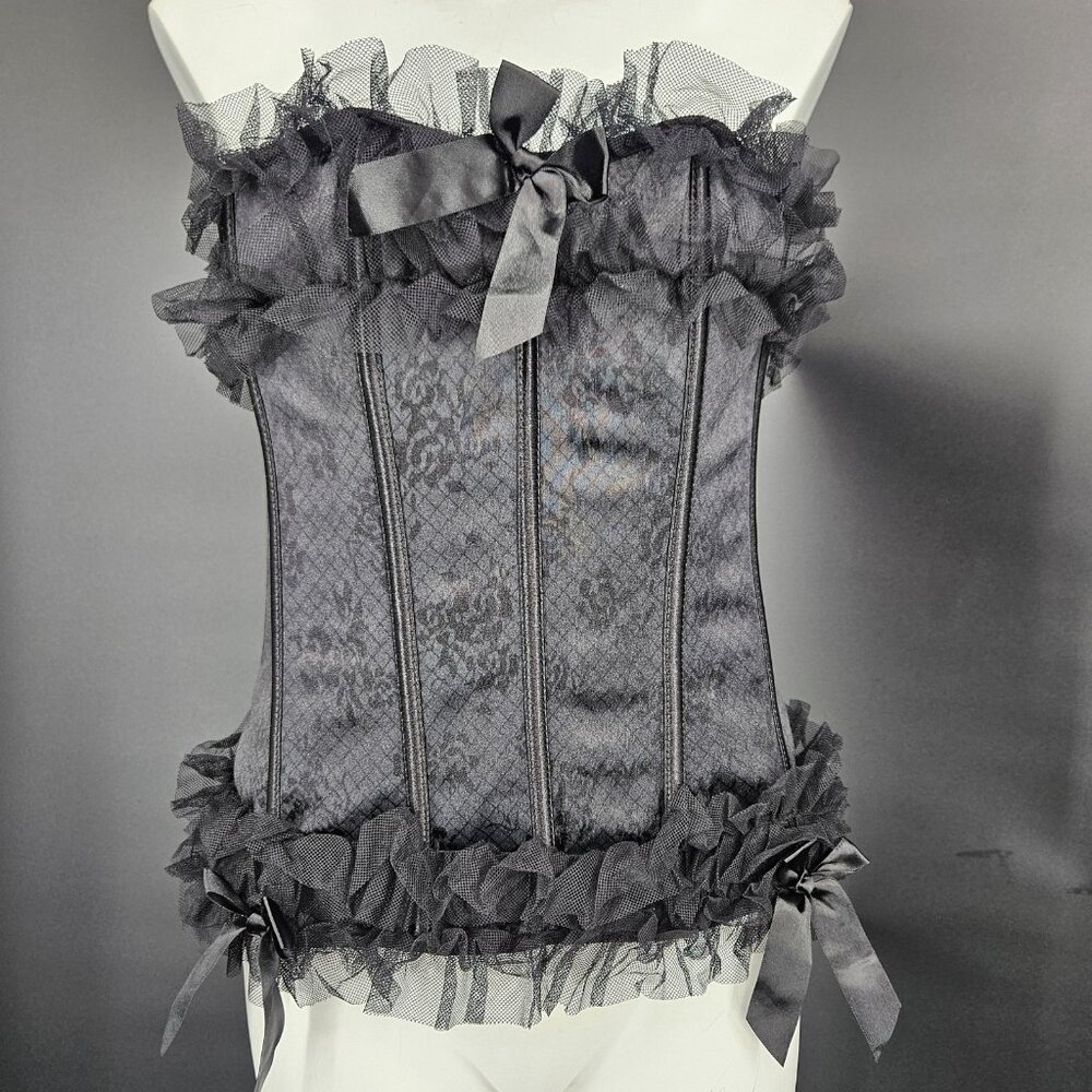 Seven Til Midnight Corset Top Womens 1X 2X Black Lace Ruffle Bustier Plus Mesh - Picture 2 of 15